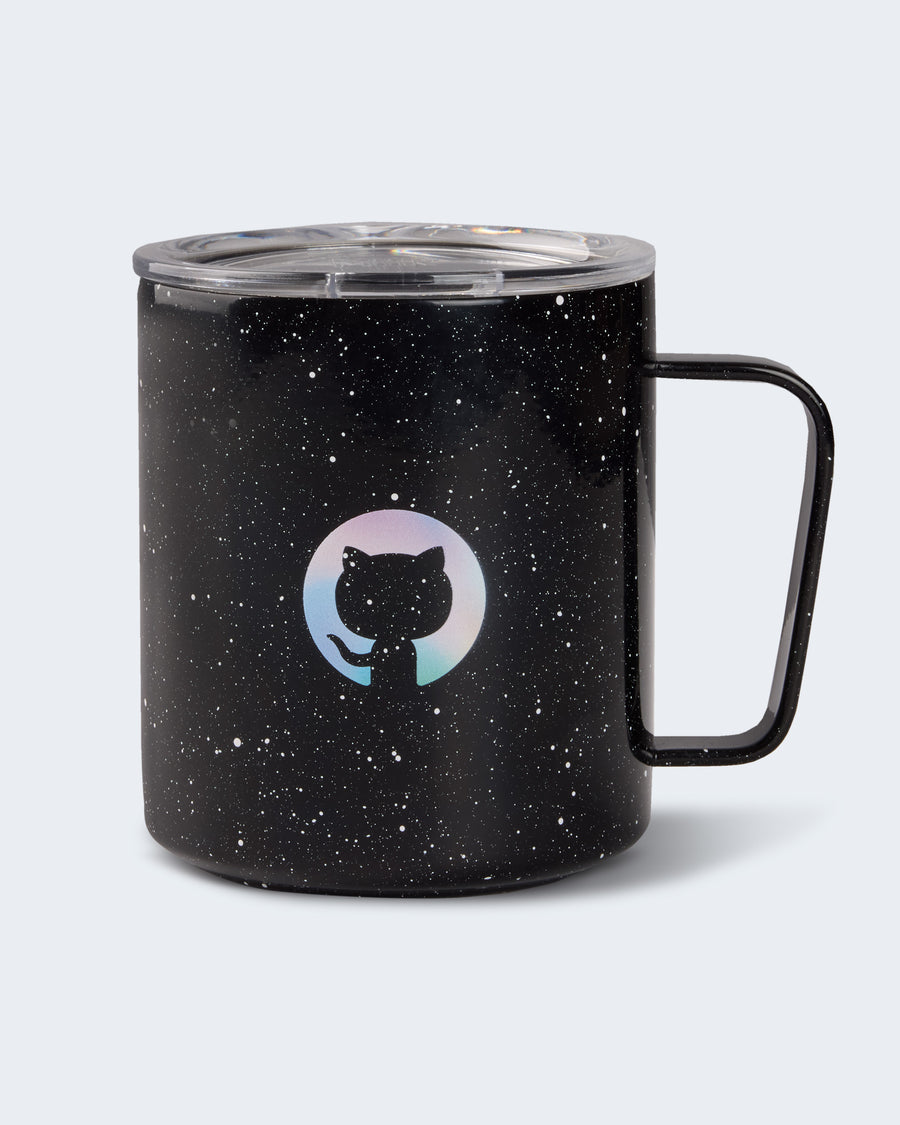 Front view of a black speckled mug with a handle and holographic GitHub logo in the center, featuring a clear lid on top.