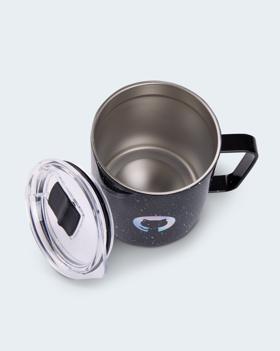 Top view of Black speckled GitHub camp mug with holographic Octocat logo shown open with detachable clear lid beside it.