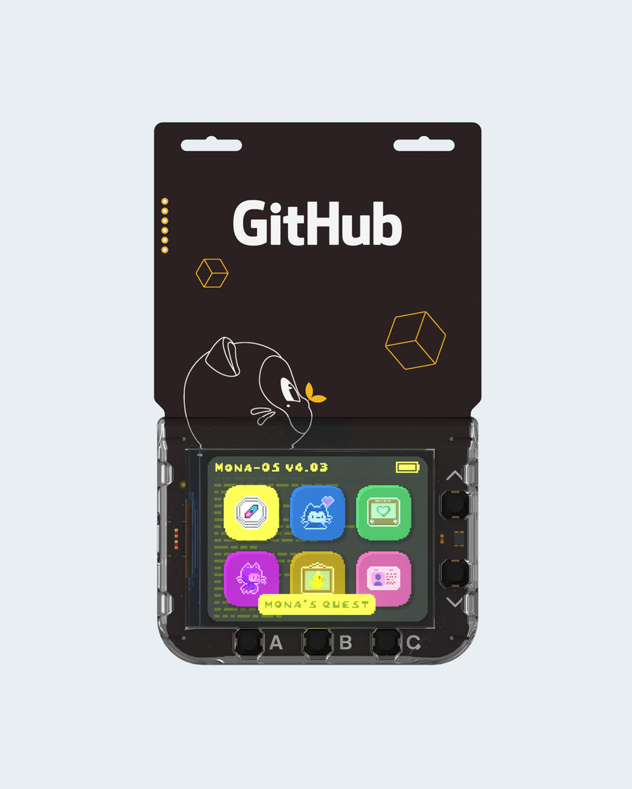 GitHub branded device with a screen displaying colorful icons