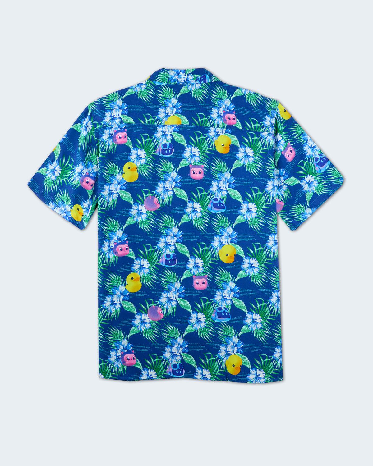 Back view of blue tropical shirt with floral, Copilot, Mona, and Ducky pattern.