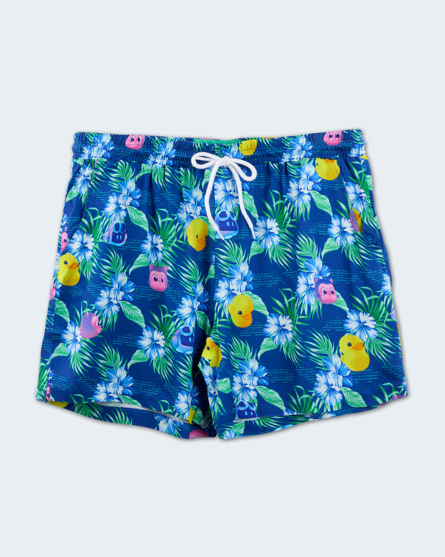 Blue drawstring shorts with floral, Copilot, Mona, and Ducky pattern.