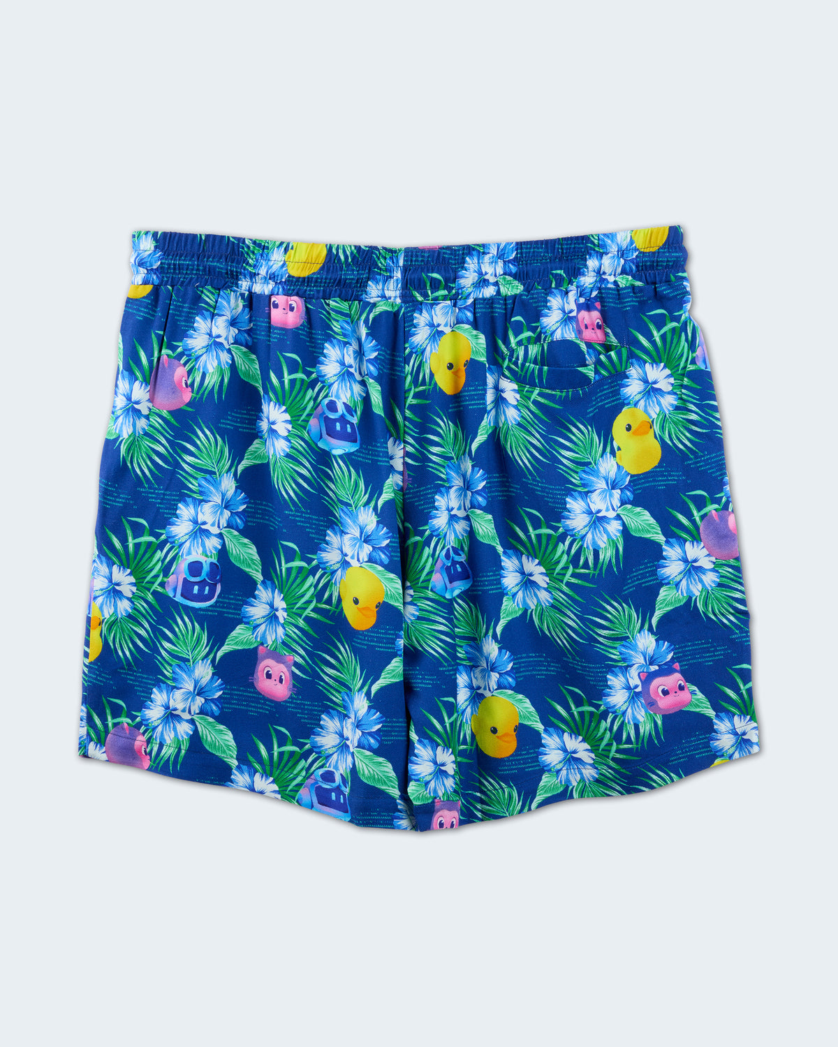 Back view of blue shorts with floral, Copilot, Mona, and Ducky pattern.