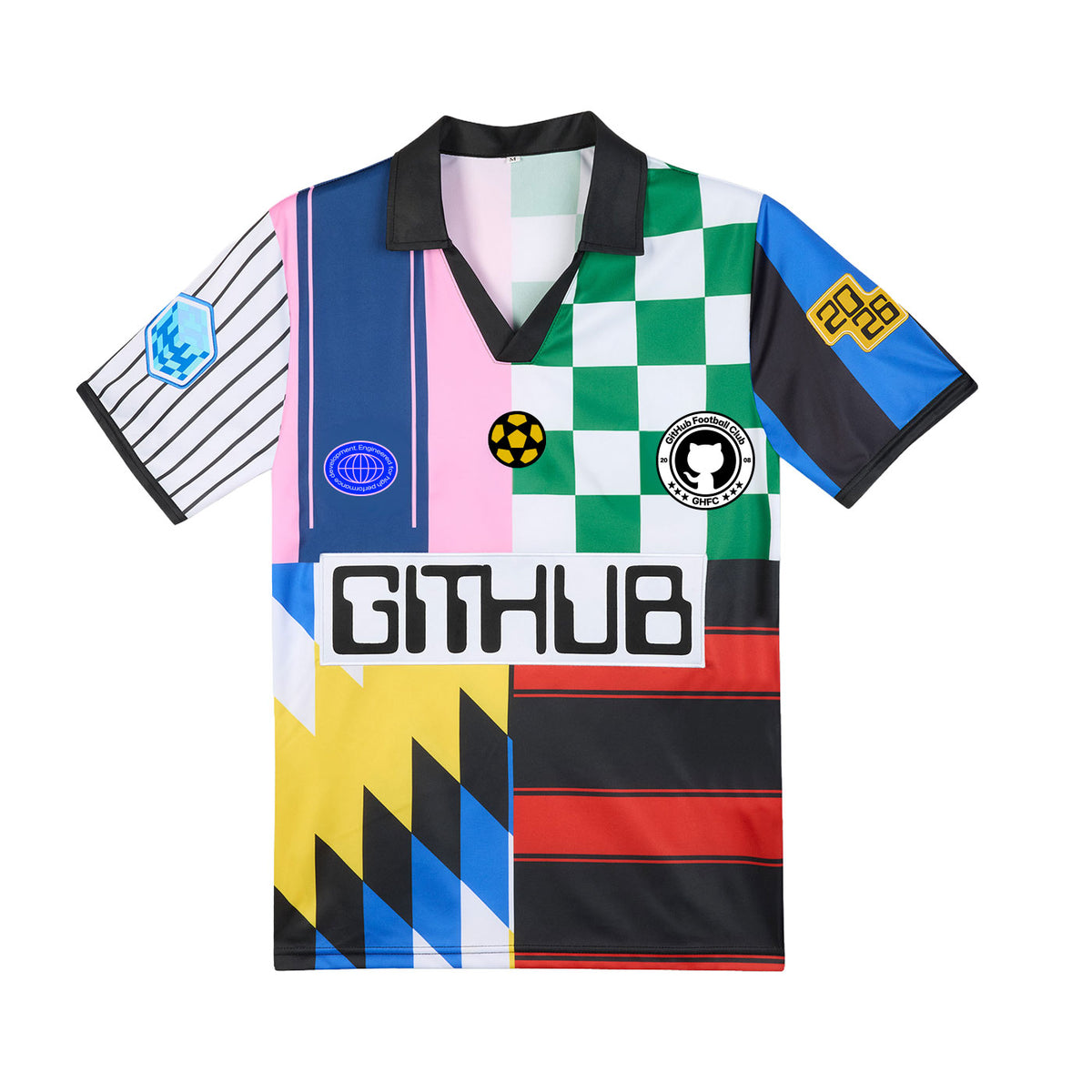 Colorful World Cup–inspired soccer jersey shirt with a black collar, featuring mixed patterns, patches, and a large "GITHUB" logo on the front.