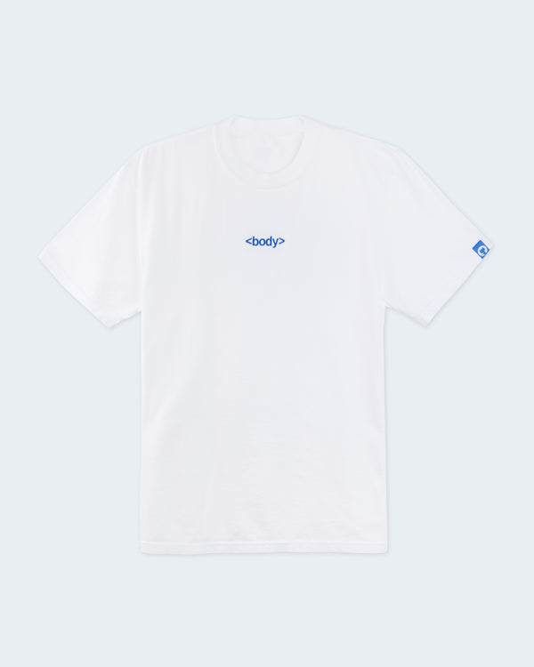 White t-shirt with blue "<body>" logo on the chest.