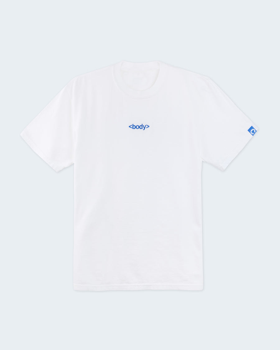White t-shirt with blue "<body>" logo on the chest.