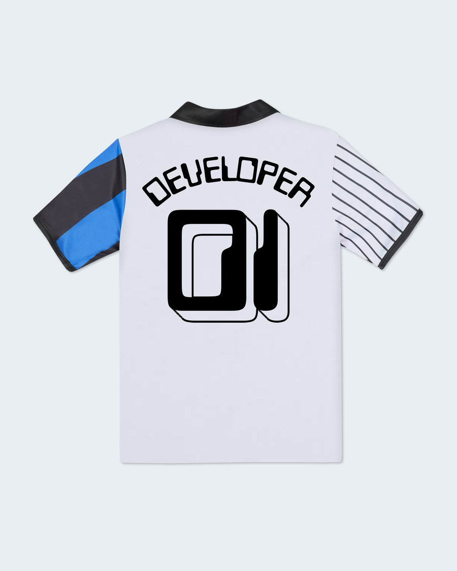 Back view of a jersey shirt with “DEVELOPER 01” printed in black.