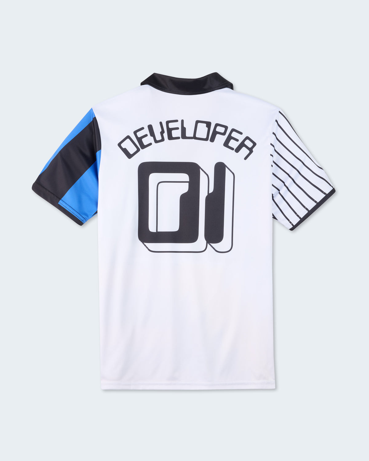 Back view of a jersey shirt with “DEVELOPER 01” printed in black.