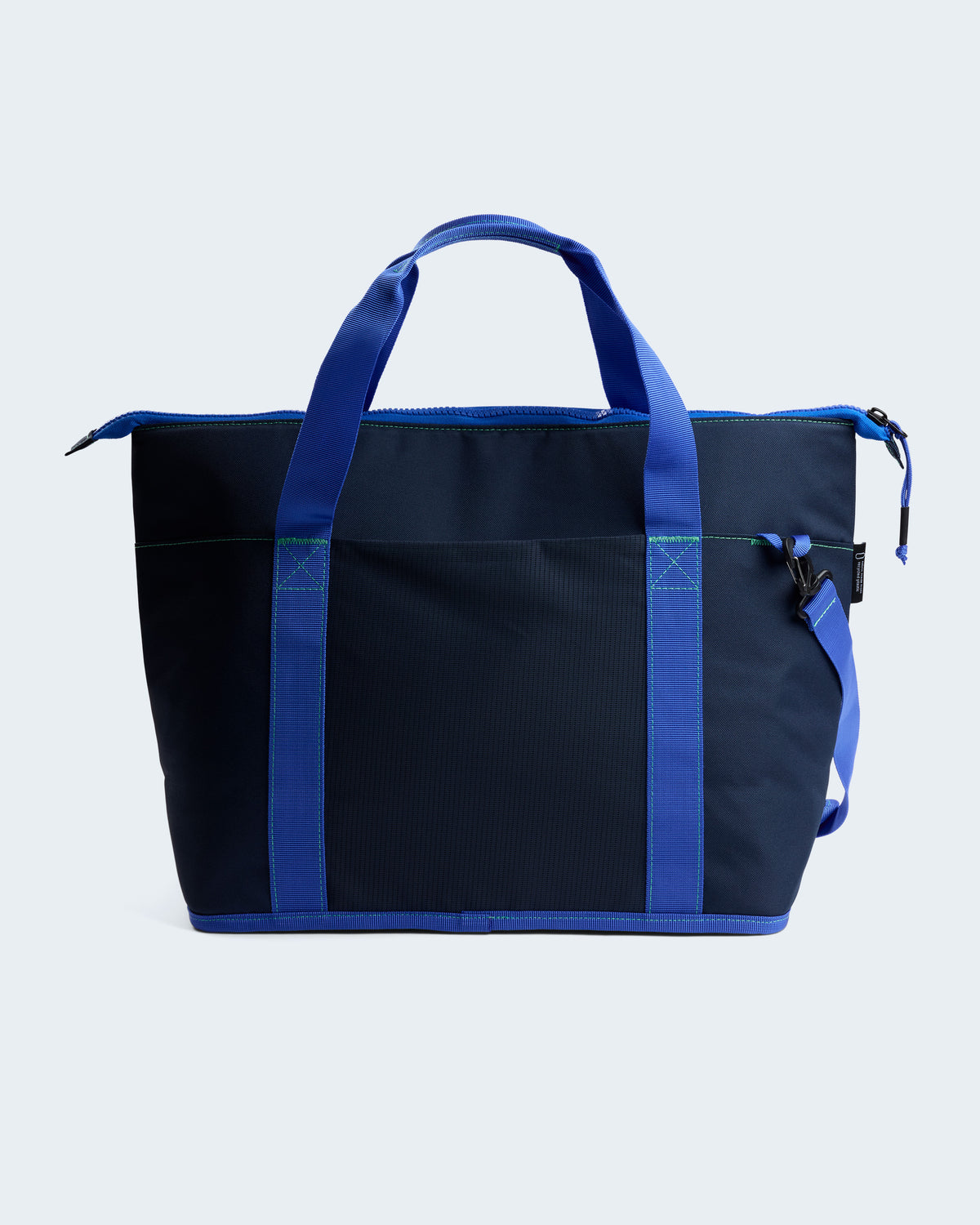 Tote bag back view with blue straps.