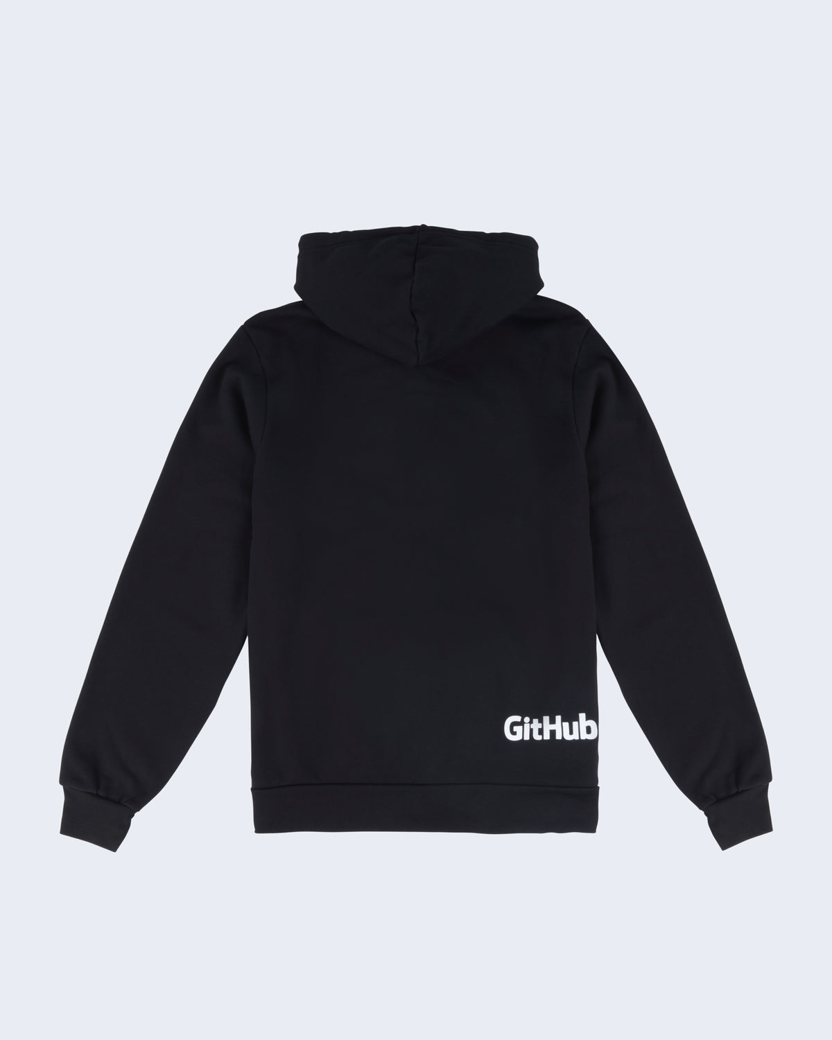 Backside of Invertocat hoodie featuring GitHub wordmark in white ink.