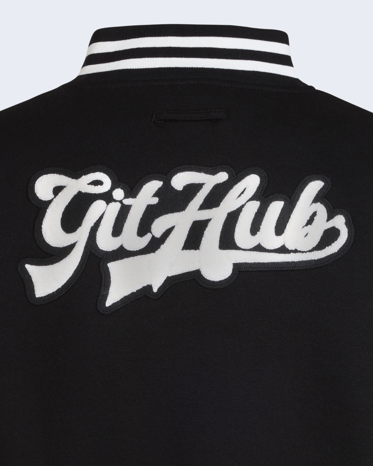 Back side of Mona Varisty Jacket featuing the name GitHub in varsity-style lettering.