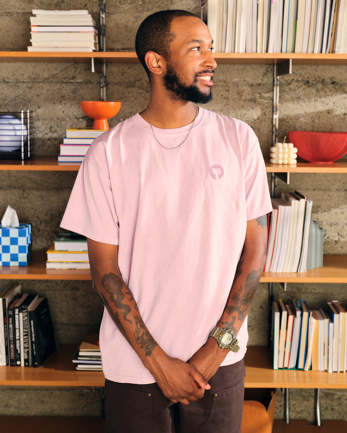 Man wearing Bontanical Dye shirt in purple