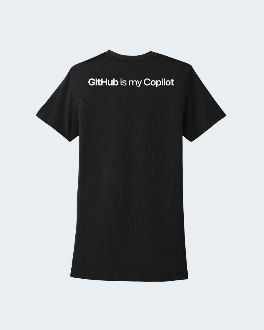 Back side of the Fitted Copilot Shirt in black, featuring the phrase "GitHub is my Copilot"