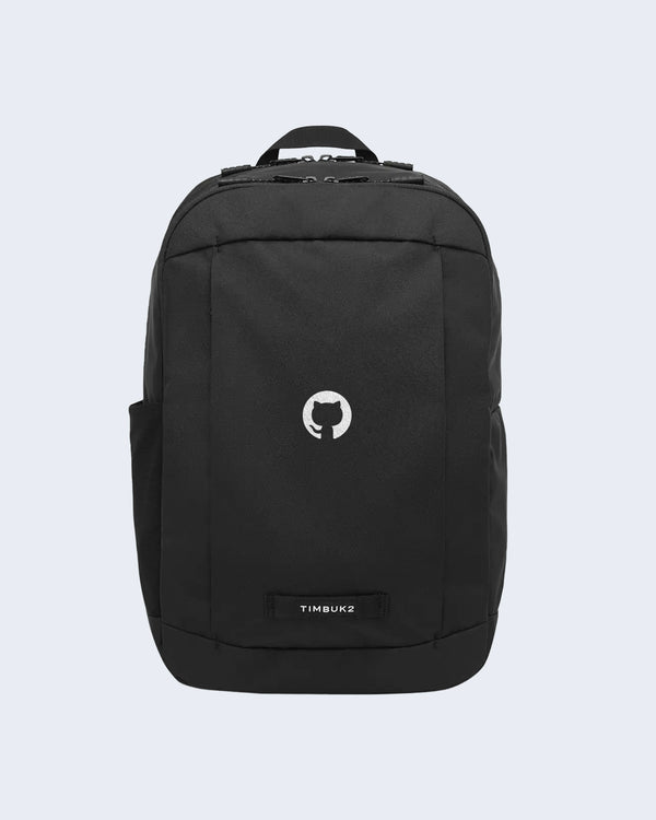 Front side of black Timbuk2 backpack #color:black