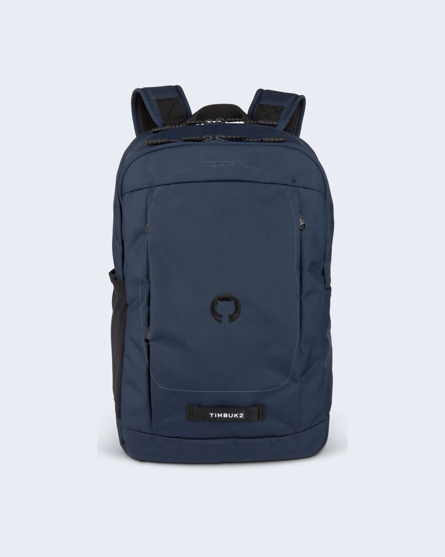 Front side of navy Timbuk2 backpack #color:navy