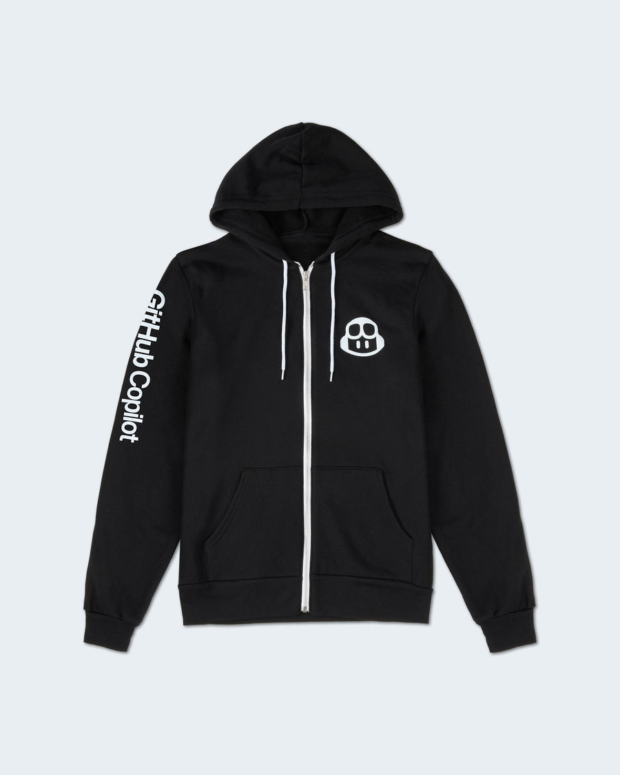 Photo of the front of the Github Copilot zip up hoodie