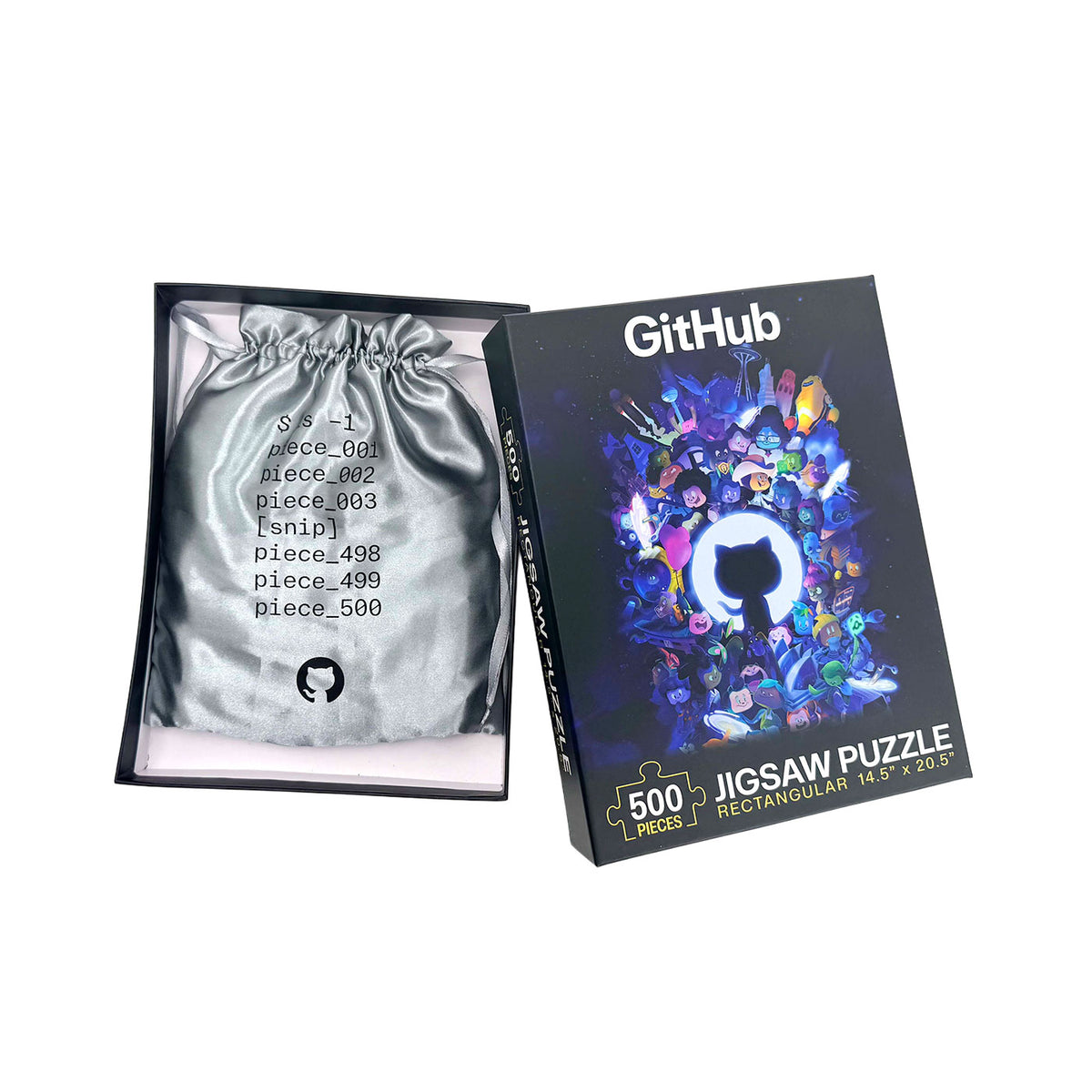 GitHub 500-piece jigsaw puzzle with storage satin bag and puzzle pieces.