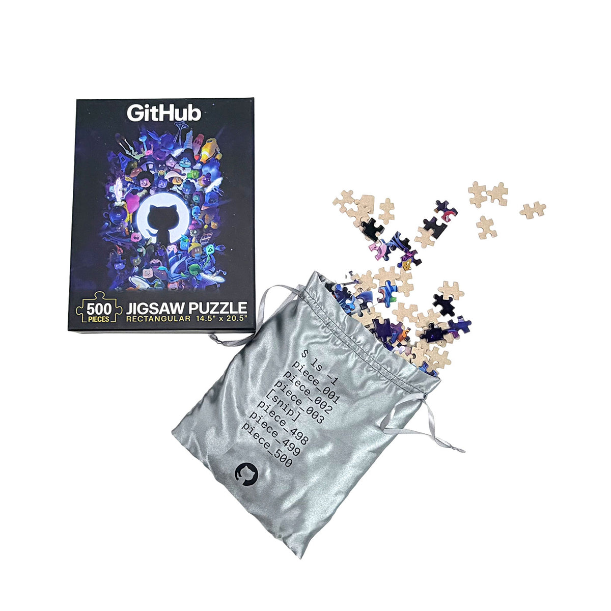 GitHub 500-piece jigsaw puzzle with storage satin bag and puzzle pieces.