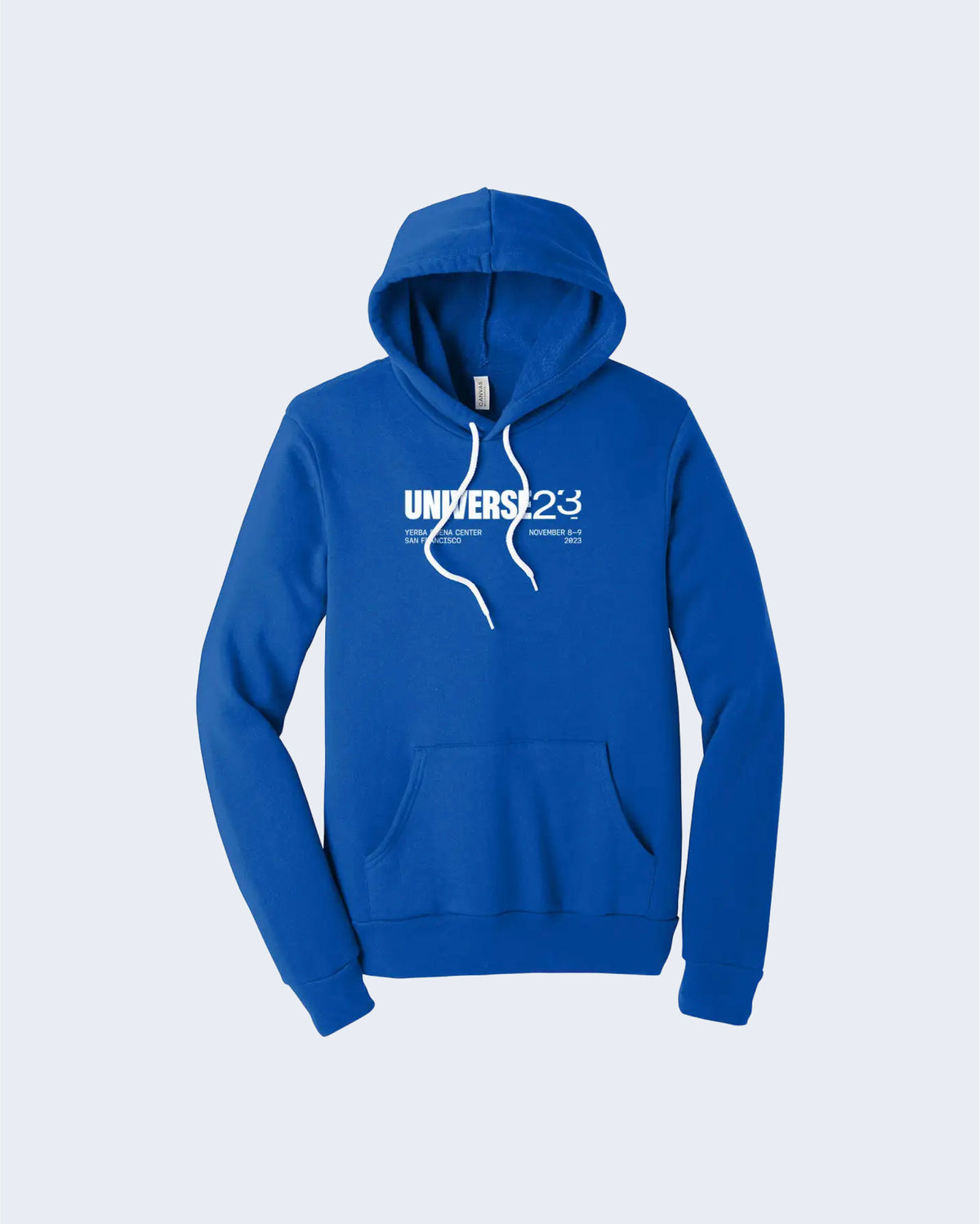 Front side of blue Universe 2023 hoodie, with white drawstrings.