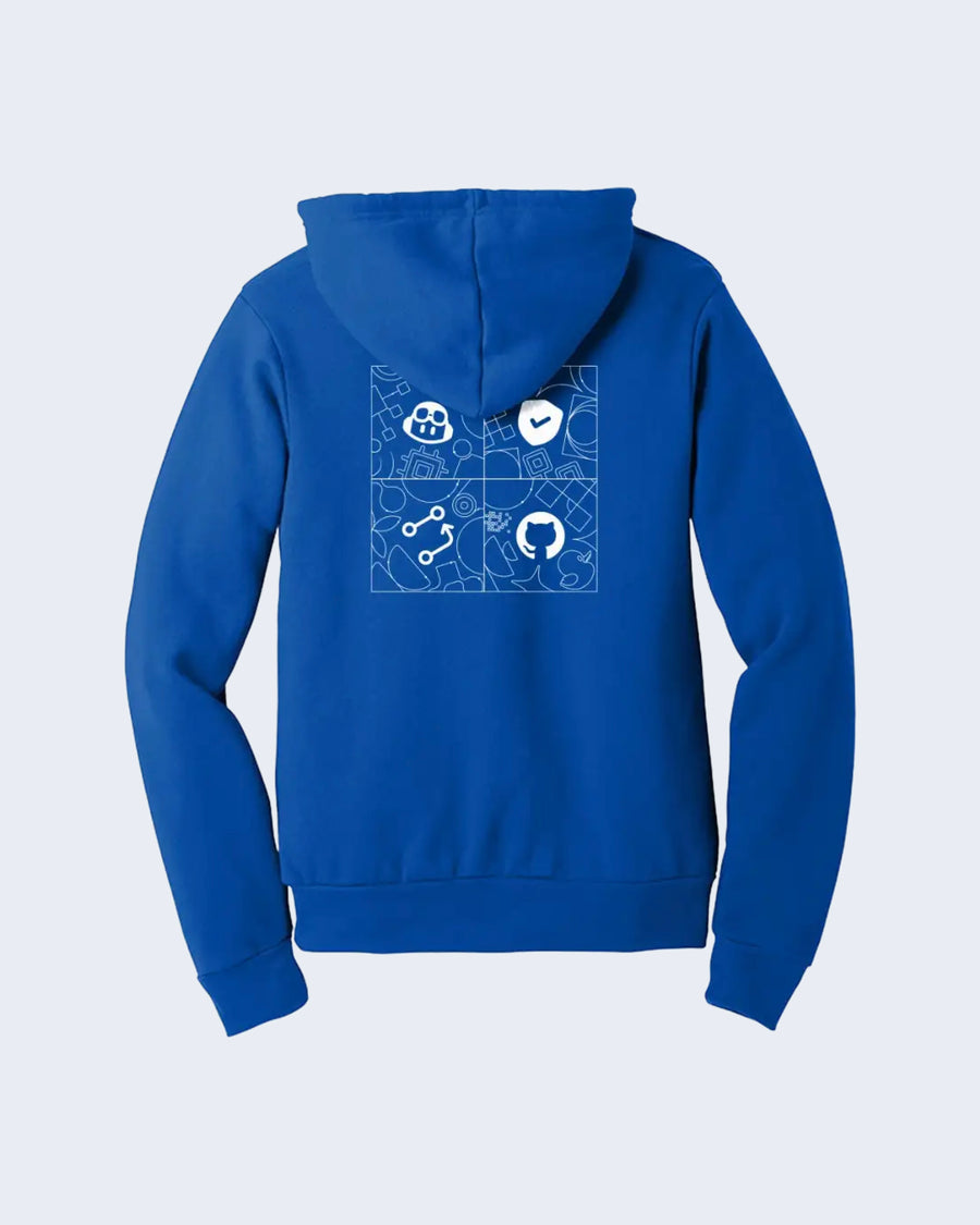 Back side of blue Universe 2023 hoodie.