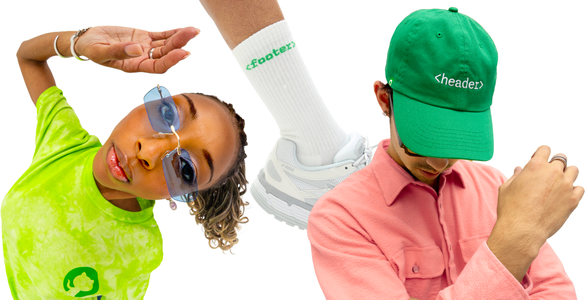 Three models wearing a GitHub Tie Dye shirt, <footer> socks and the <header> hat